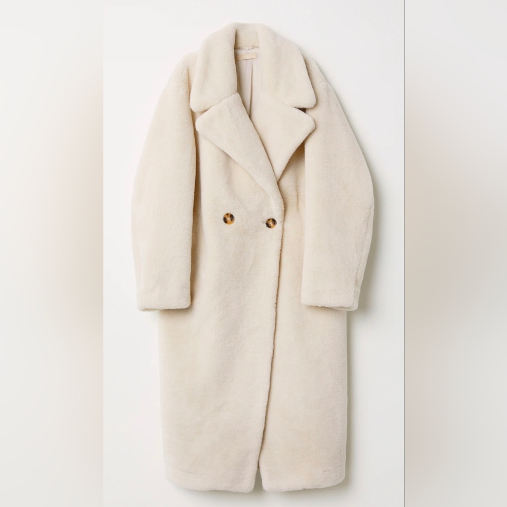 H&M Light Beige Faux Fur Coat Long SZ 2  Oversized